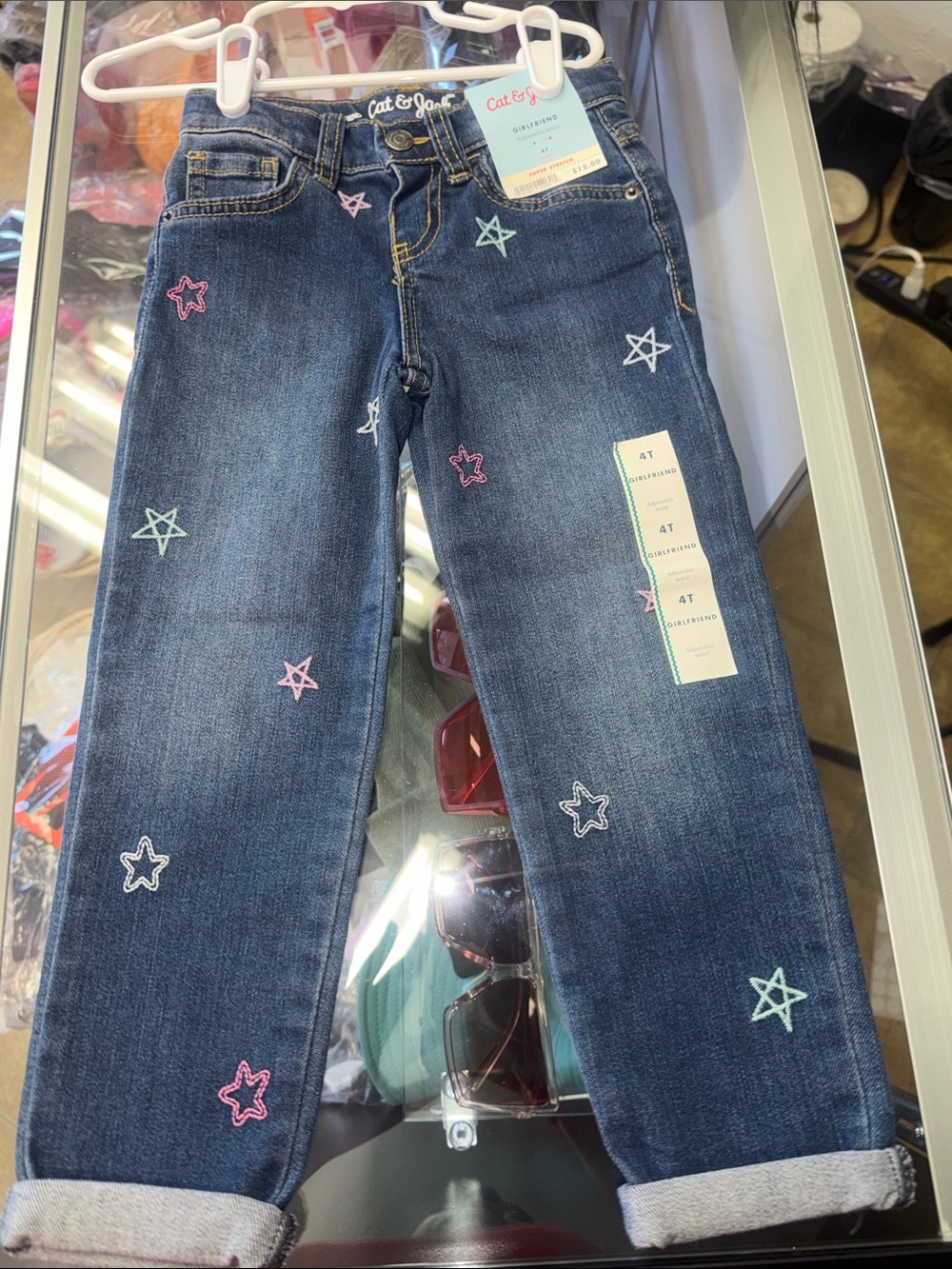 Cat & Jack Dark Blue Denim Jeans with Pink, Mint & White Star Embroidery - 4T